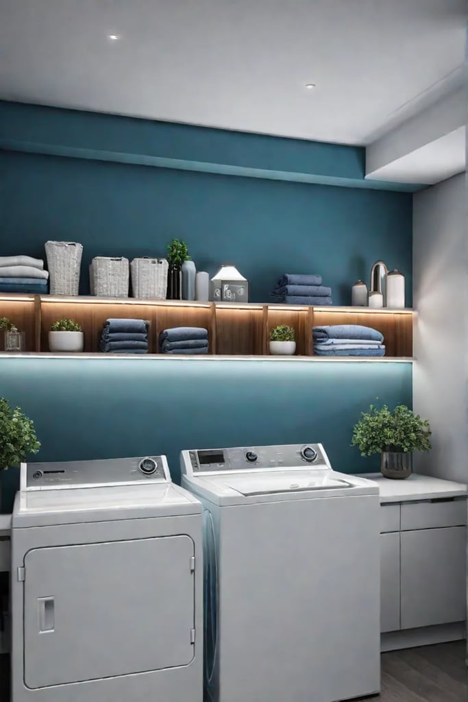 A combination of ambient task and accent lighting illuminates a laundry room