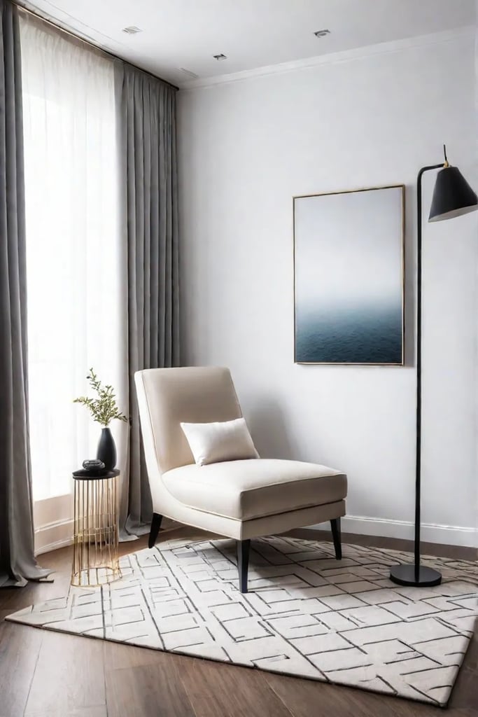 A minimalist reading nook with a chaise lounge and modern decor