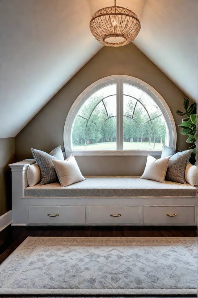 A reading nook under a sloped ceiling with a builtin daybed and fairy lights