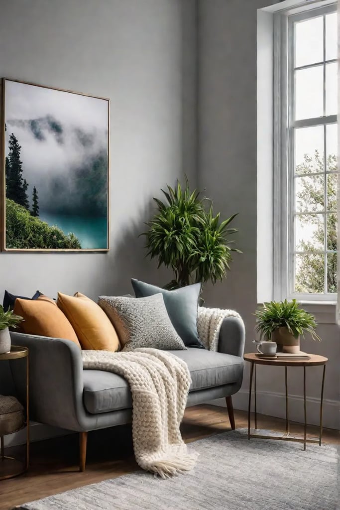 A reading nook with a loveseat in a bay window and botanical prints