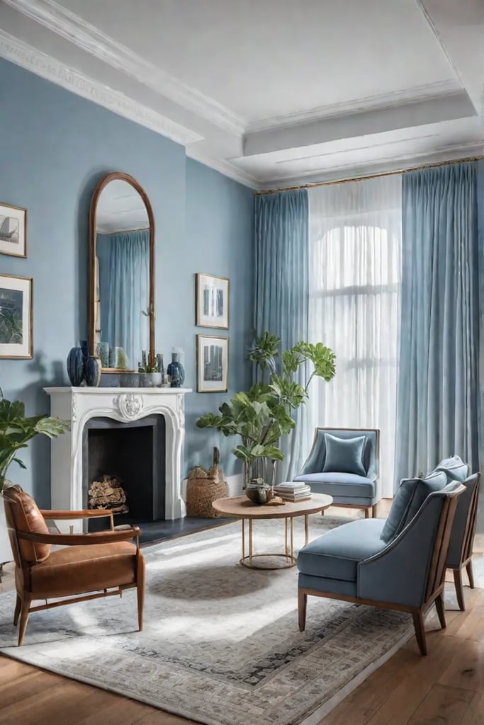 A serene living room with light blue walls and natural light