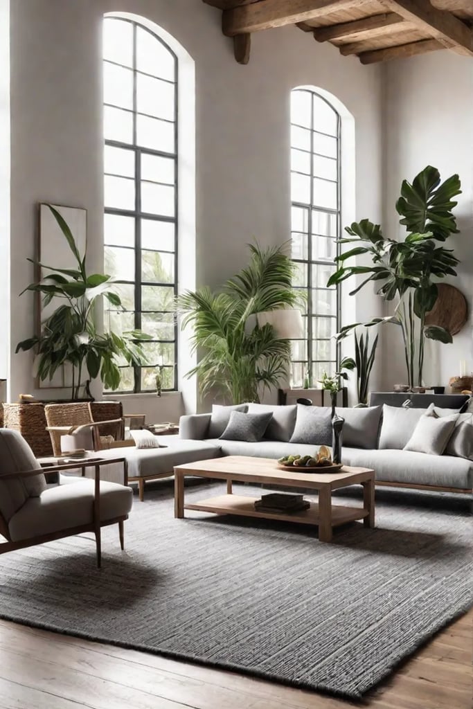 Airy living room with high ceilings and organic furniture