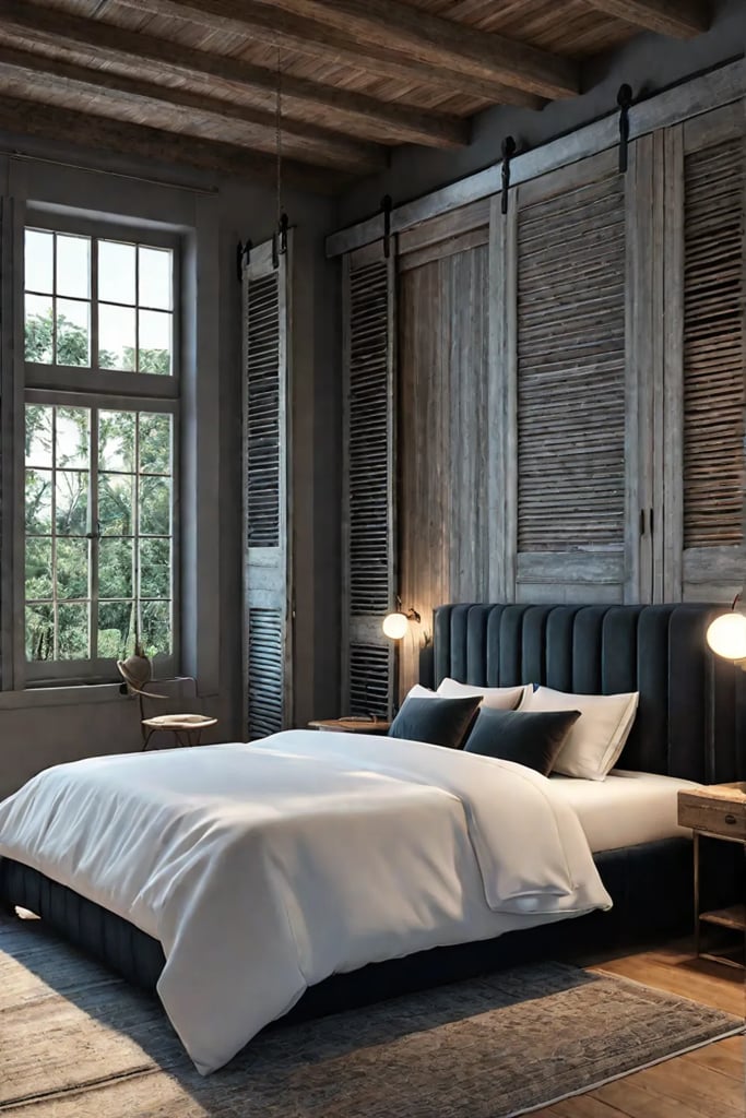 Antique shutter sliding barn door in a rustic bedroom