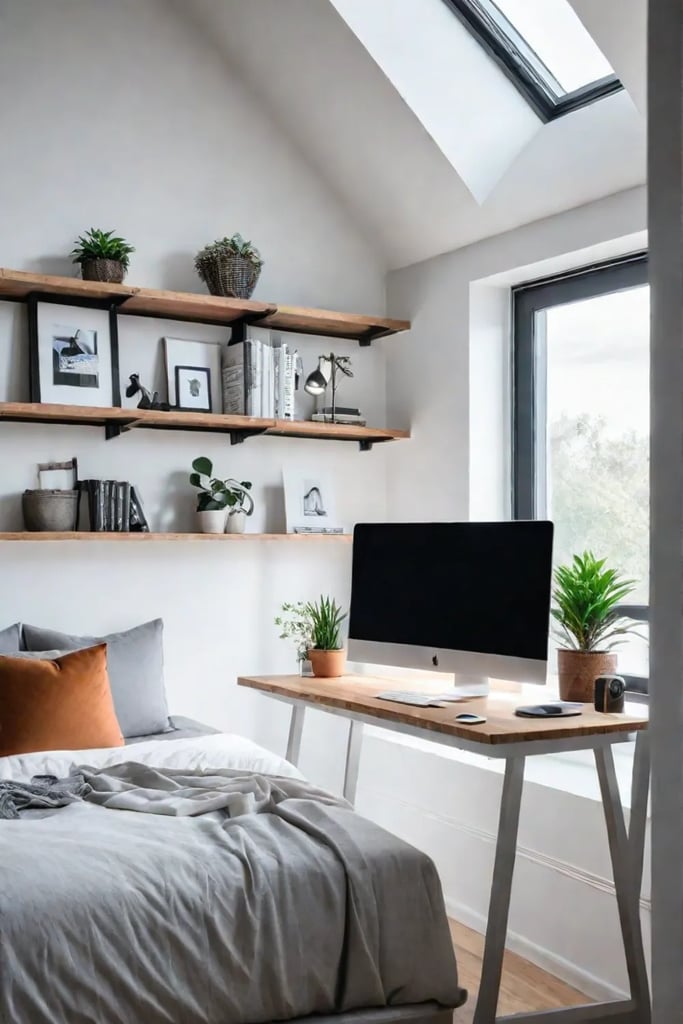 Apartment bedroom with loft bed and home office space