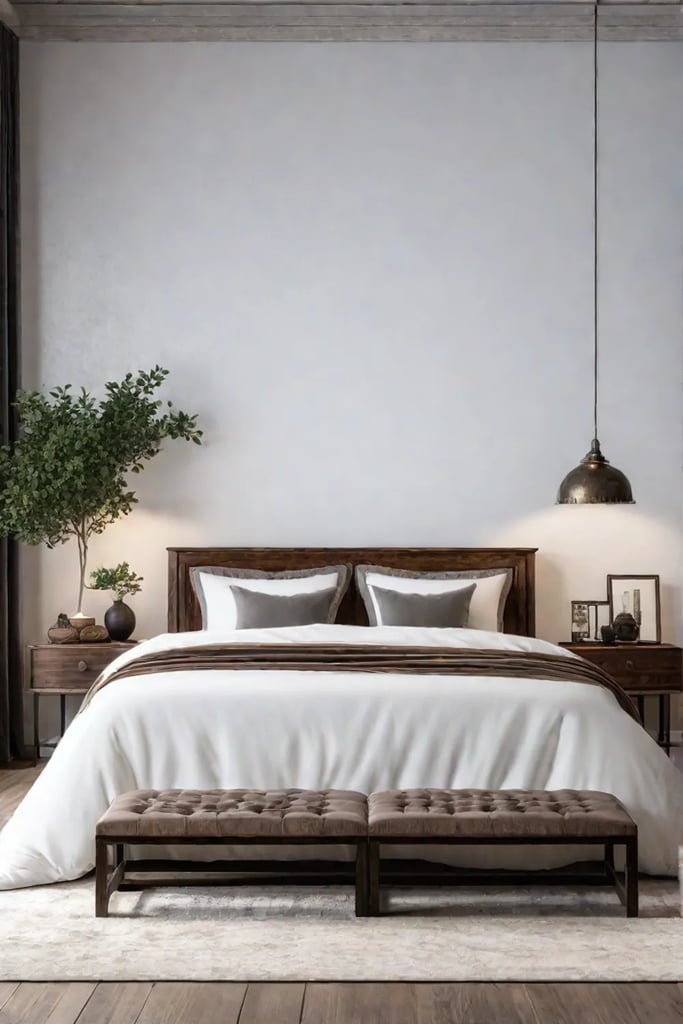 Arched reclaimed wood headboard with white linens and velvet throw