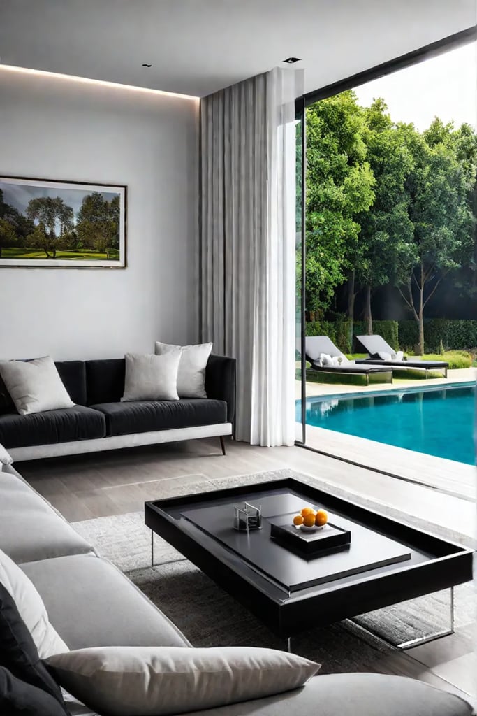 Automated curtains opening to a garden view in a sunlit living room