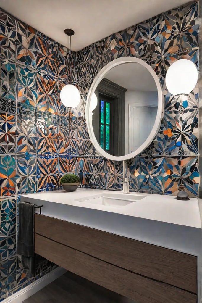 Bathroom with a DIY mosaic tile backsplash and a white vanity