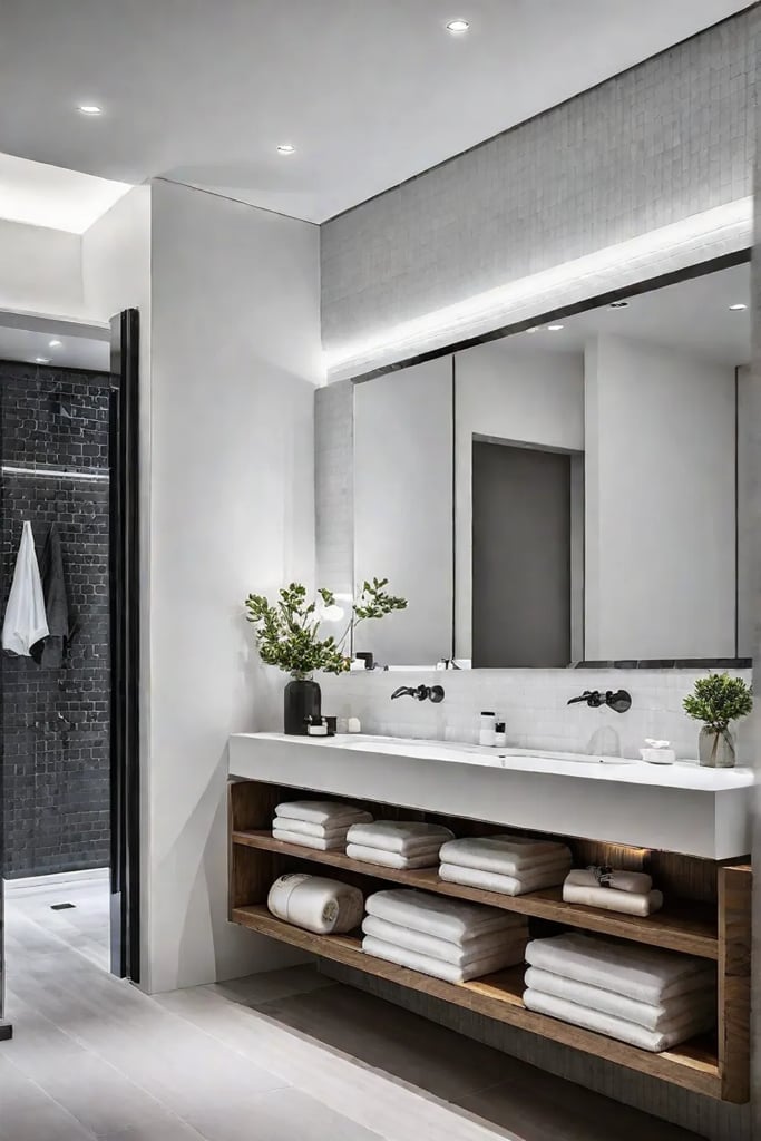 Bathroom with a floating vanity and open shelving for storage