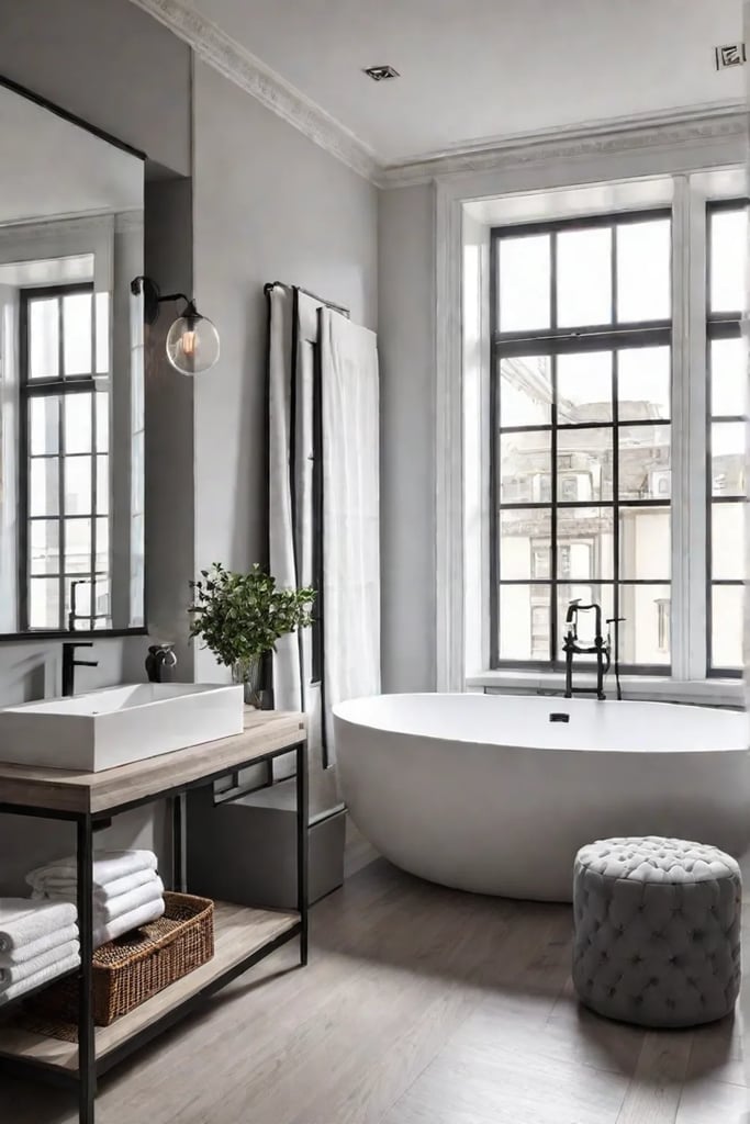 Bathroom with recessed lighting and large window allowing natural light to flood