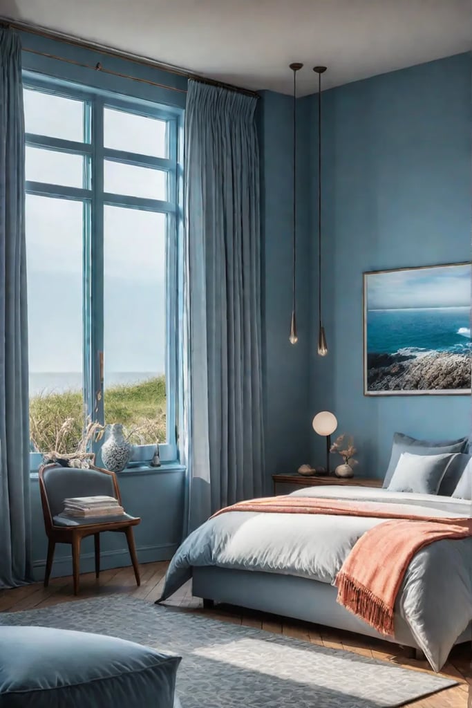 Beachinspired bedroom with blue walls seashell patterns and ocean views