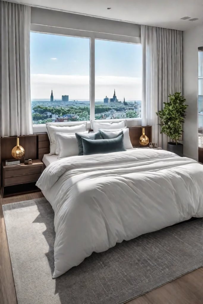 Bedroom layout with queen bed and corner desk