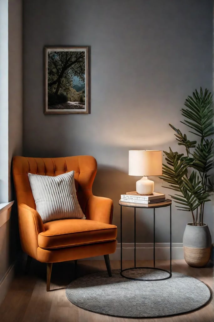 Bedroom reading nook with warm lighting and aromatherapy elements