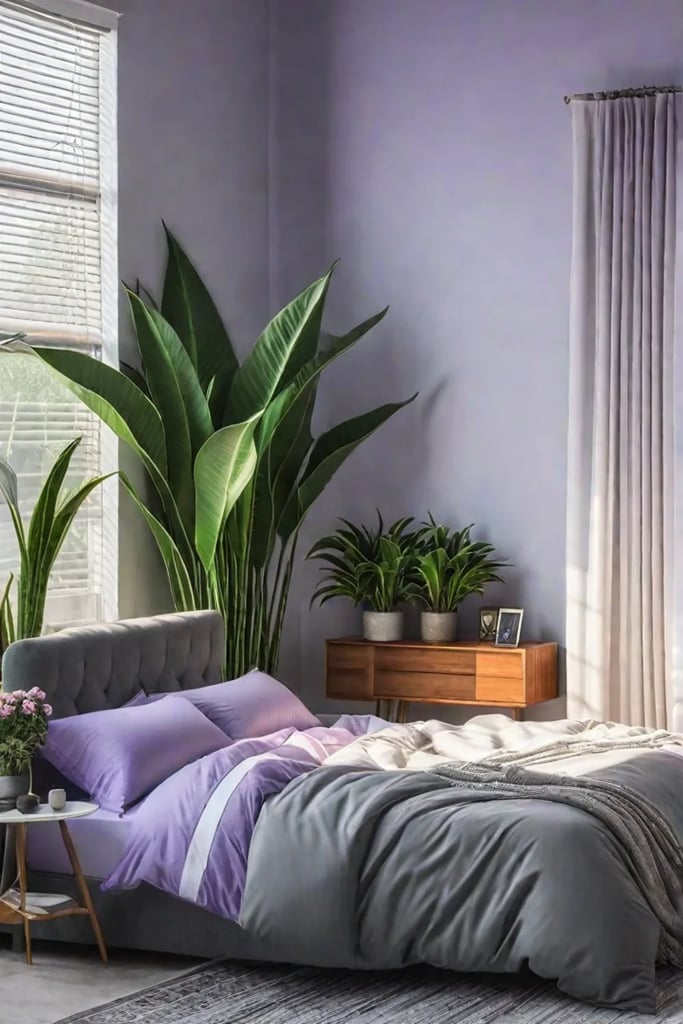 Bedroom sanctuary with lavender walls blackout curtains and airpurifying plants