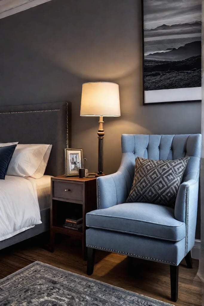 Bedroom with a cozy reading nook and armchair