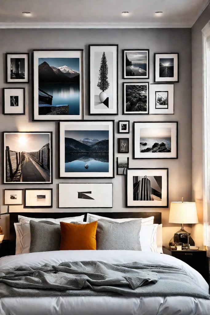 Bedroom with a curated gallery wall for personalization
