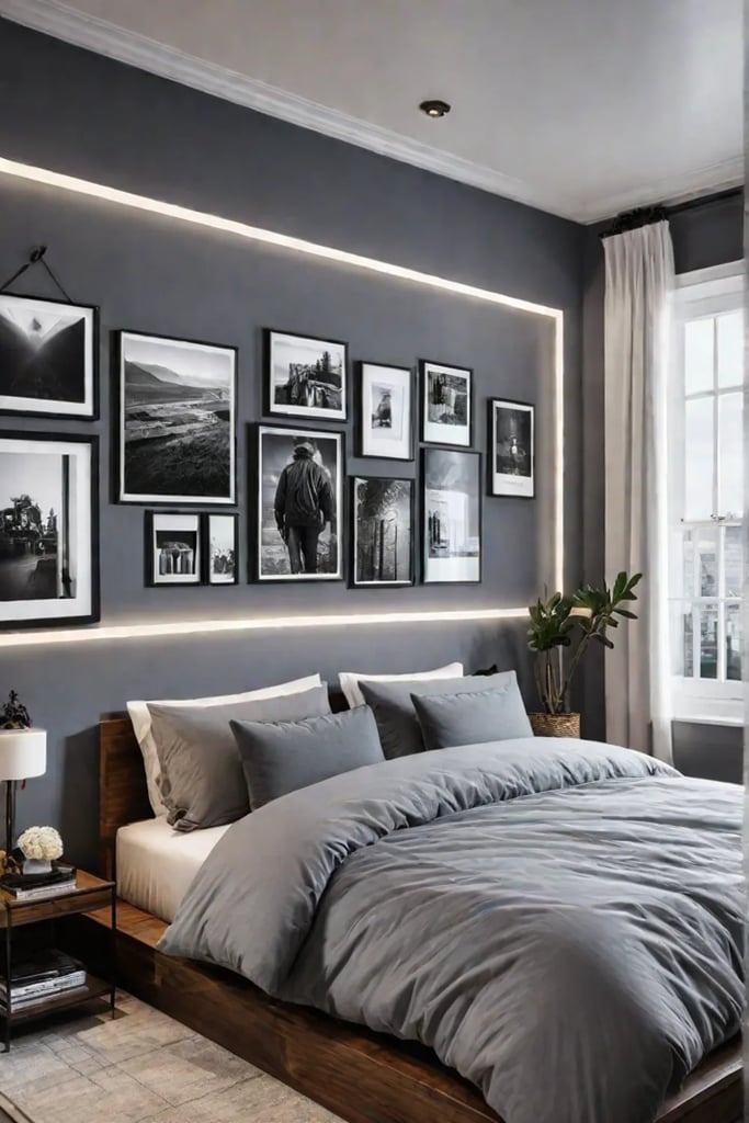 Bedroom with a gallery wall of personal photos and artwork
