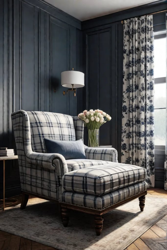 Bedroom with a mix of plaid stripes and floral patterns
