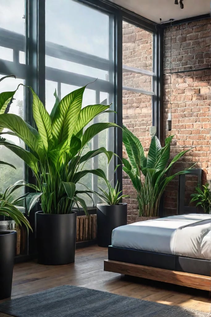 Bedroom with airpurifying plants HEPA air purifier and open windows