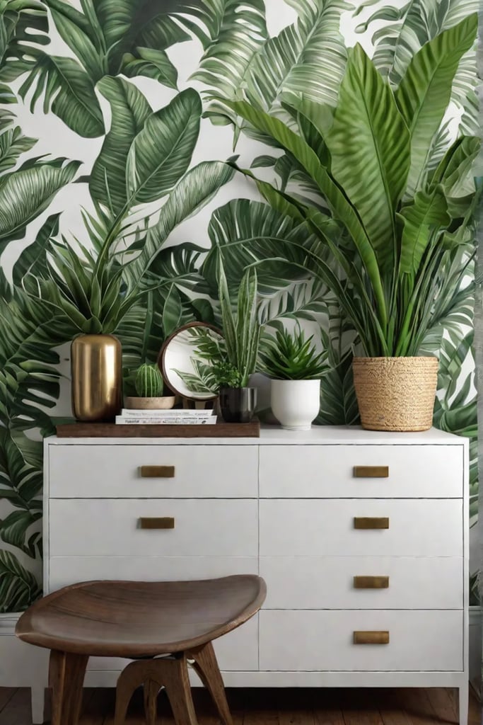 Bedroom with patterned wallpaper and plants