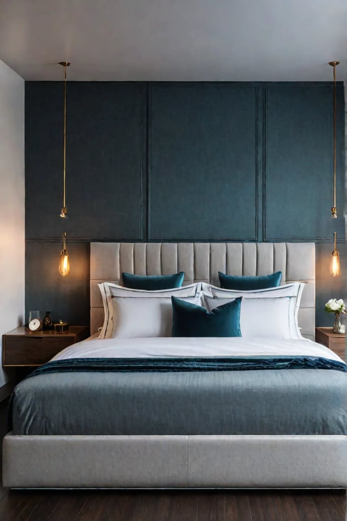 Bedroom with statement headboard and serene atmosphere