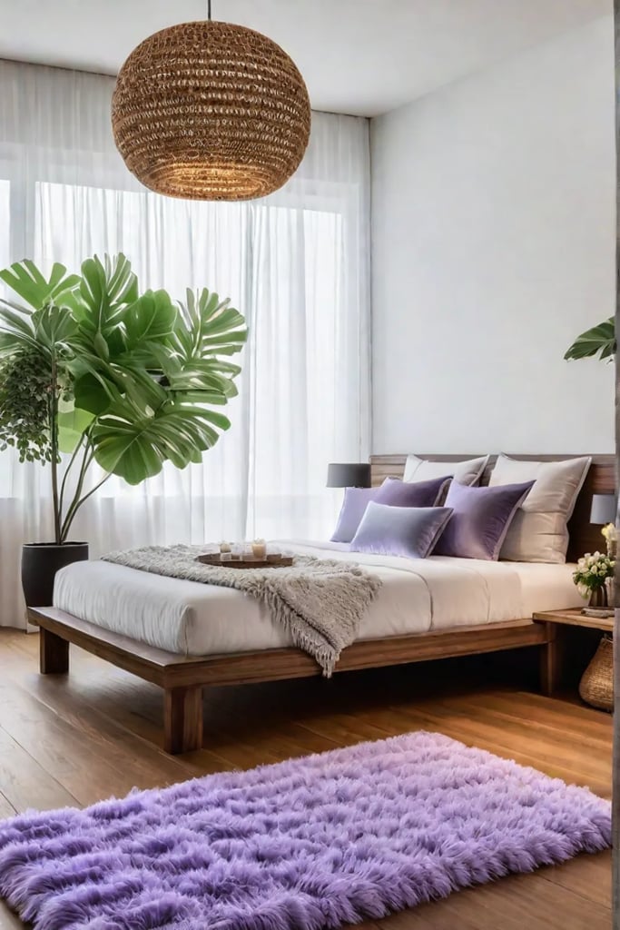 Bedroom with textured rug throw pillows and a tabletop fountain