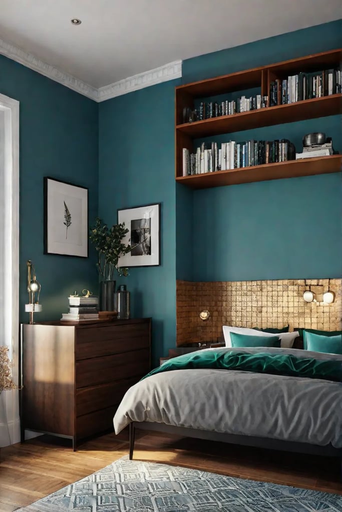 Bedroom with wallmounted shelves and tall dresser for vertical storage