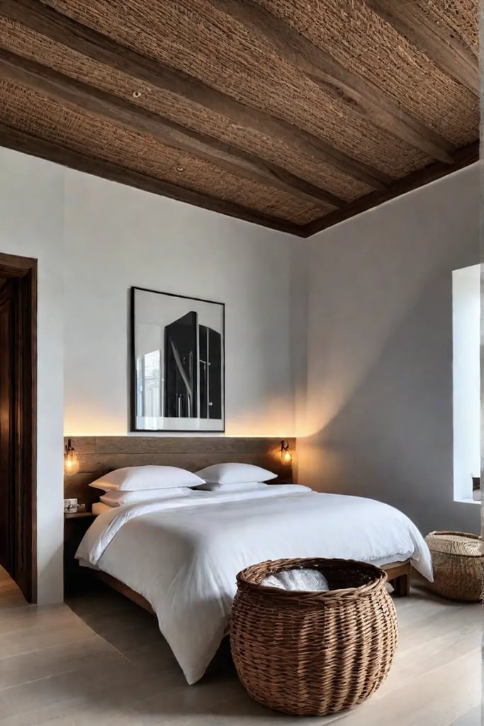 Bedroom with wood beam ceiling marble countertop and wicker basket