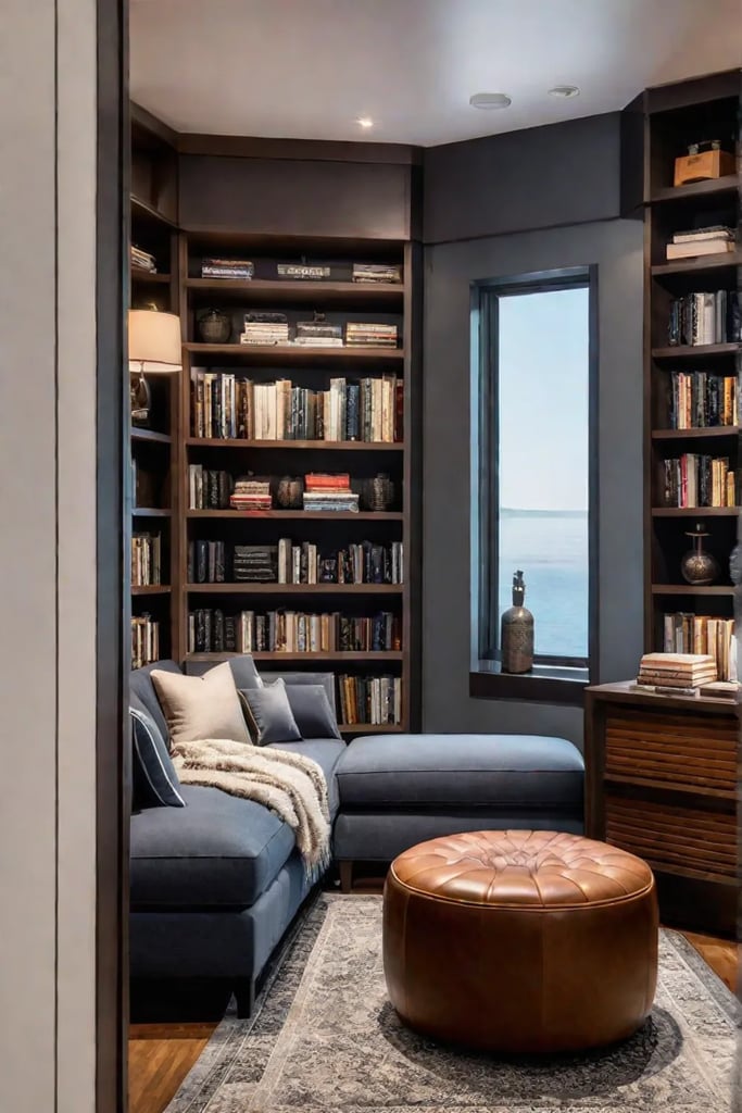 Bedroom corner reading nook with a classic bookcase