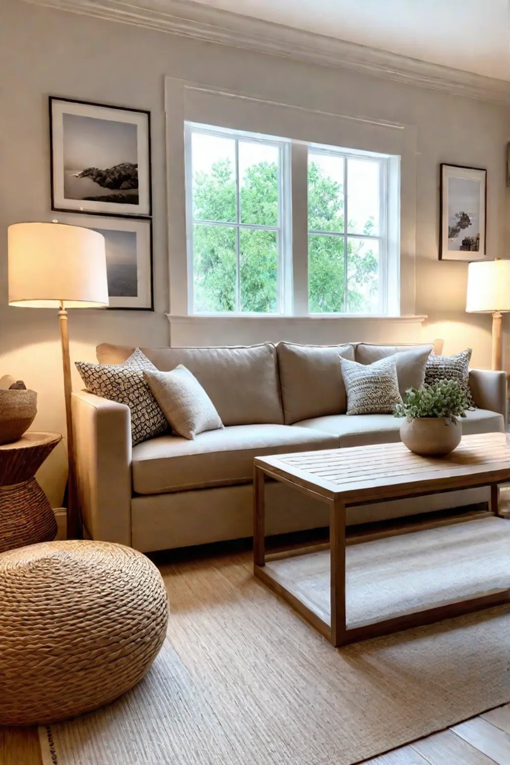 Beige living room with natural wood accents