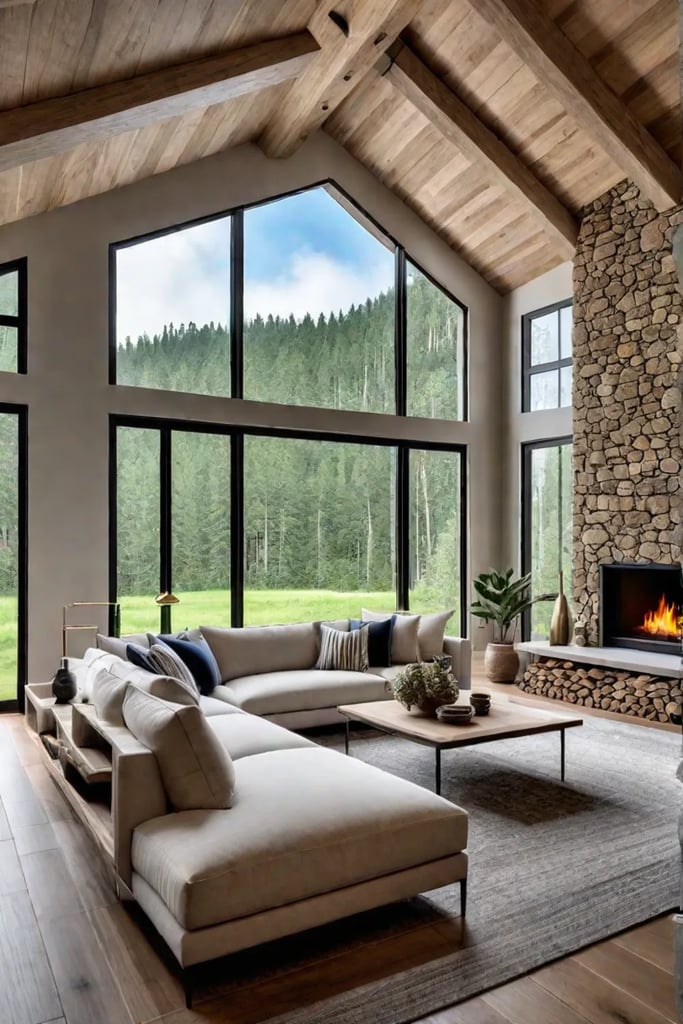 Biophilic living room with natural textures and forest view
