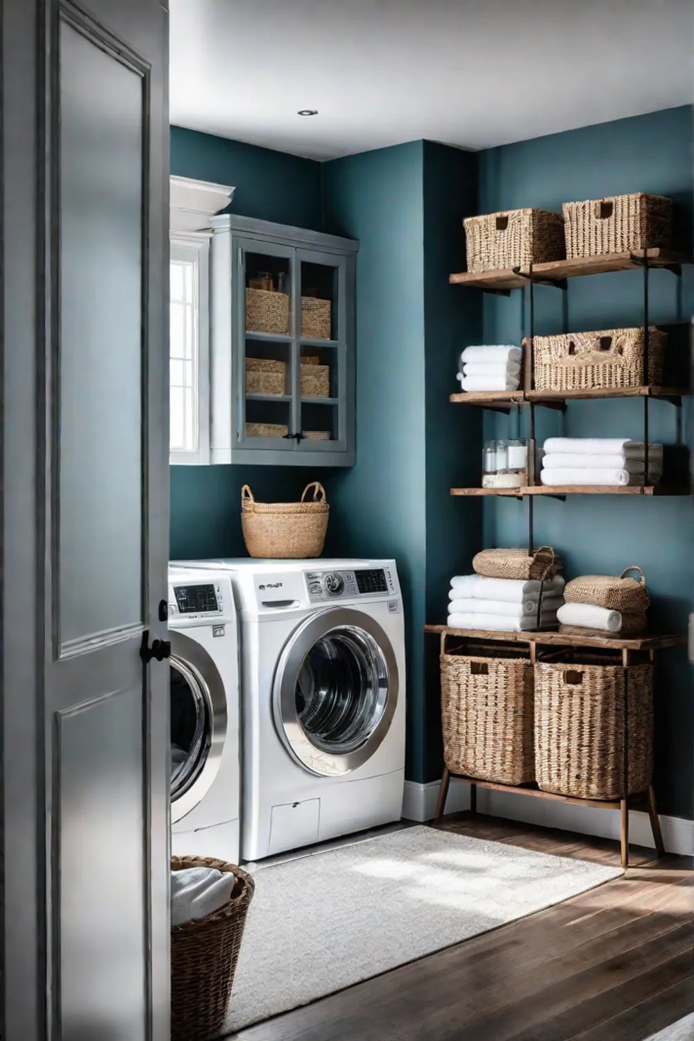 Birds eye view of a laundry room showcasing creative storage hacks