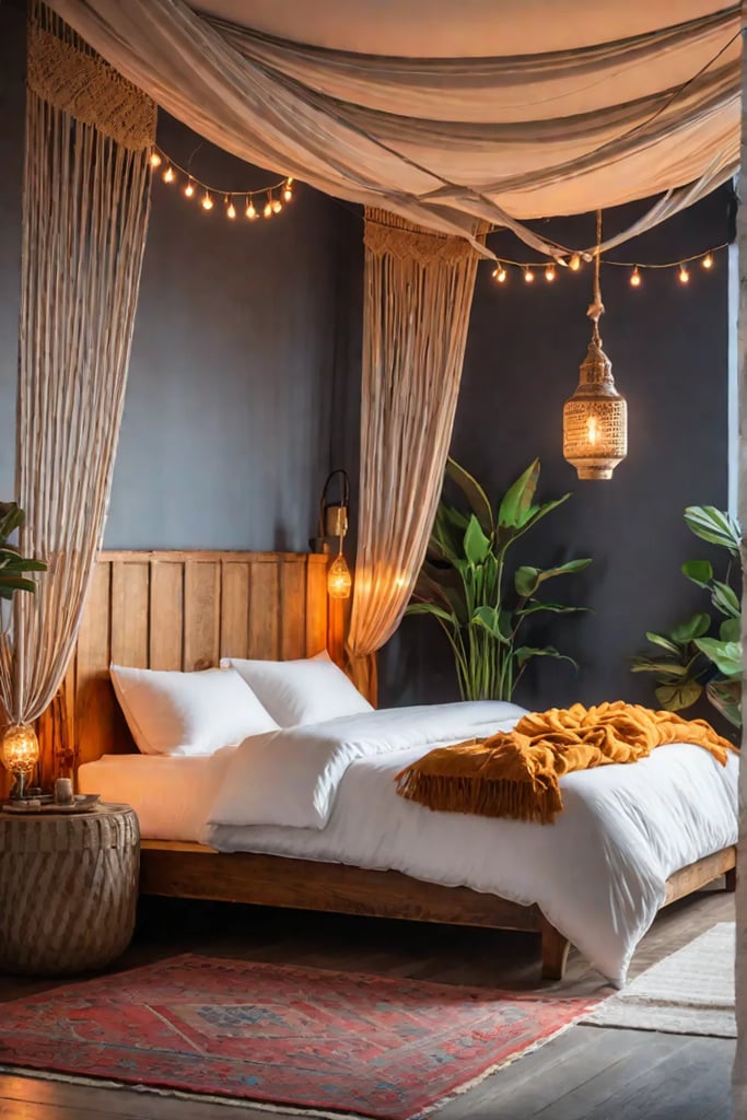 Bohemian bedroom with a canopy bed creating a distinct sleeping area