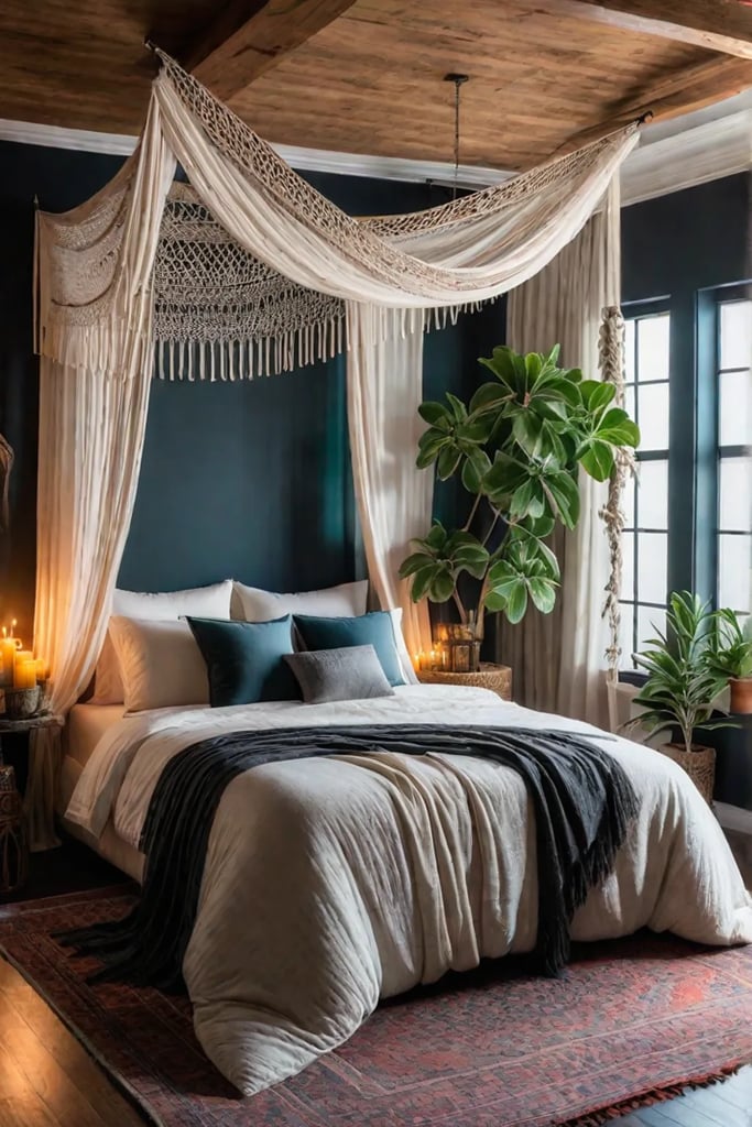 Bohemian bedroom with canopy bed and macrame wall hanging