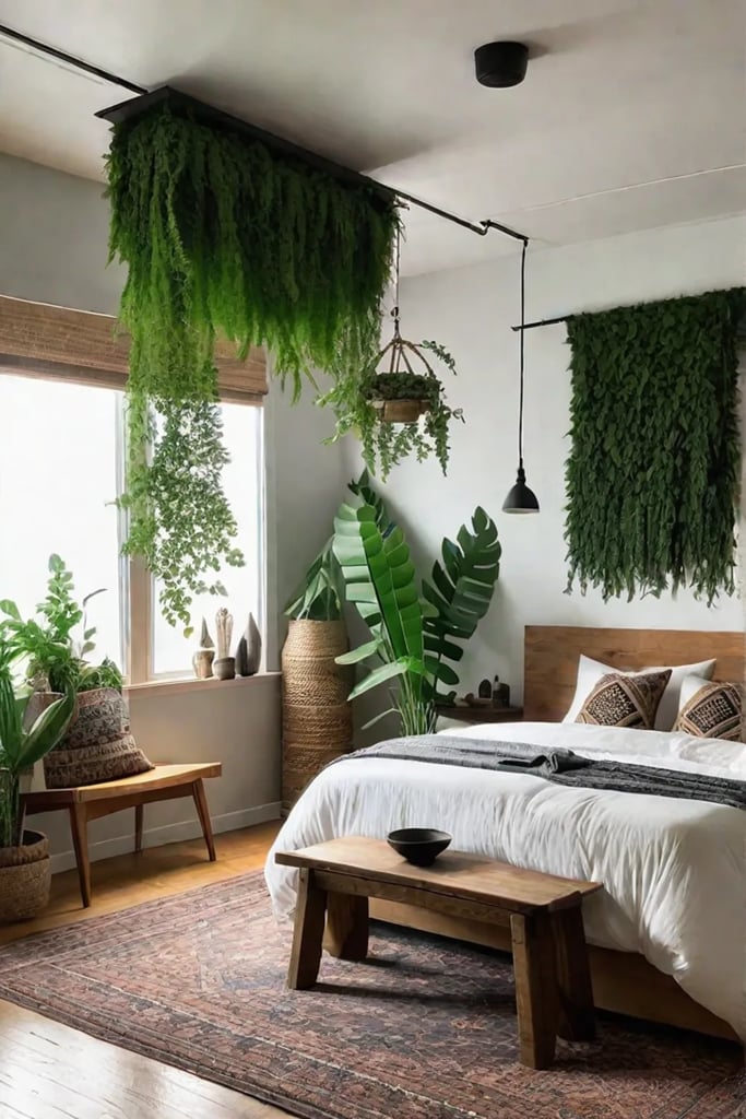 Bohemian bedroom with hanging plants textured textiles and natural light