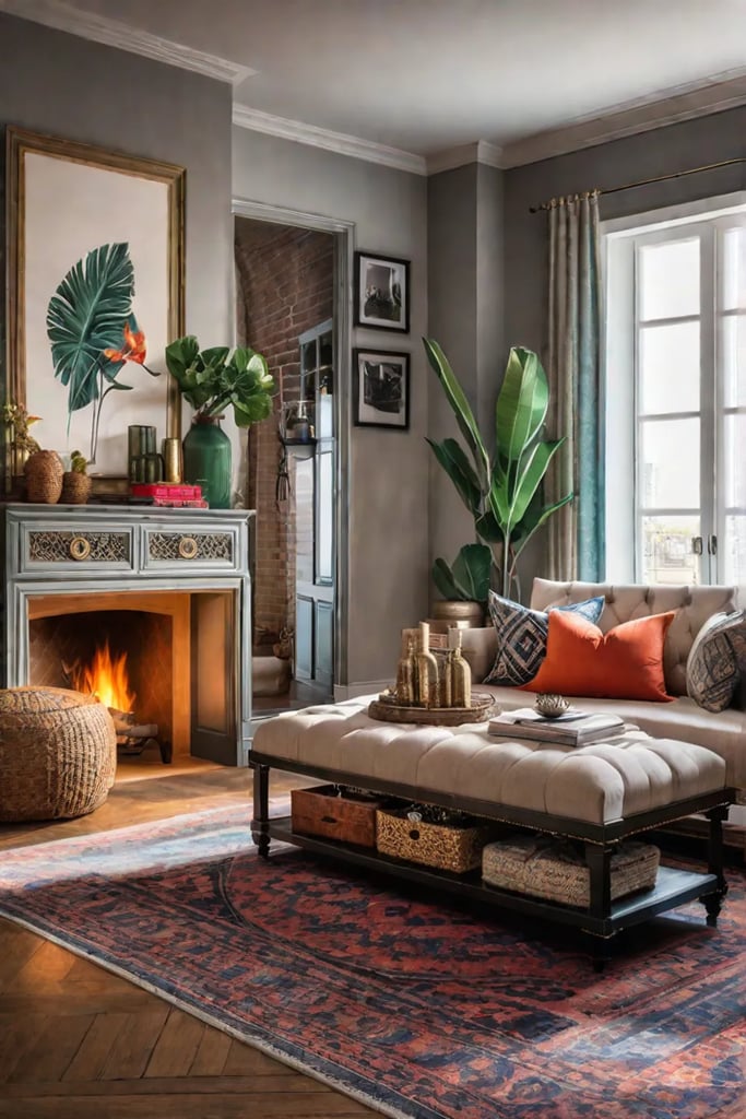 Bohemian globalinspired living room with a daybed carved wooden chest and nesting