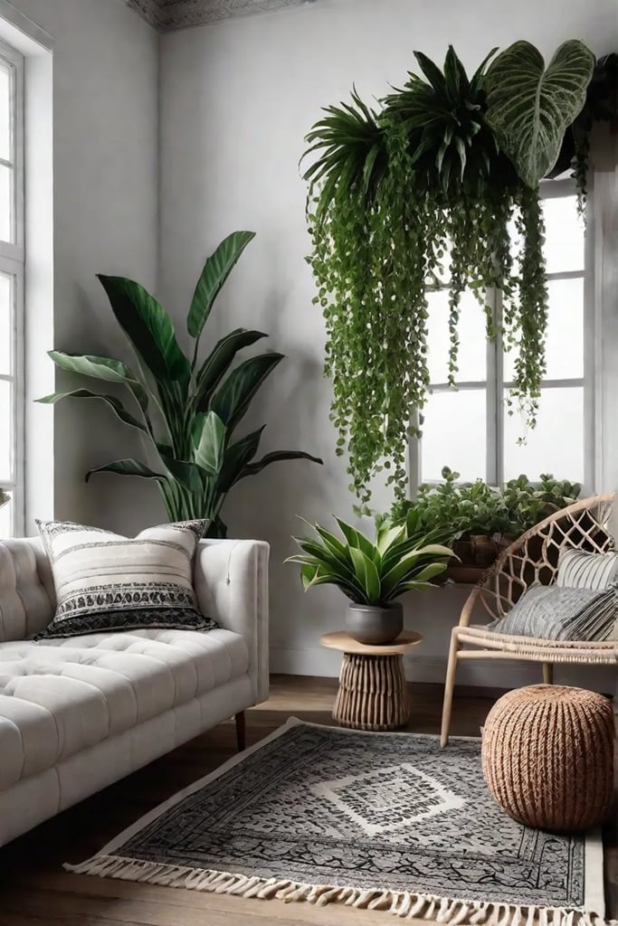 Bohemian living room with a macrame wall hanging and plants