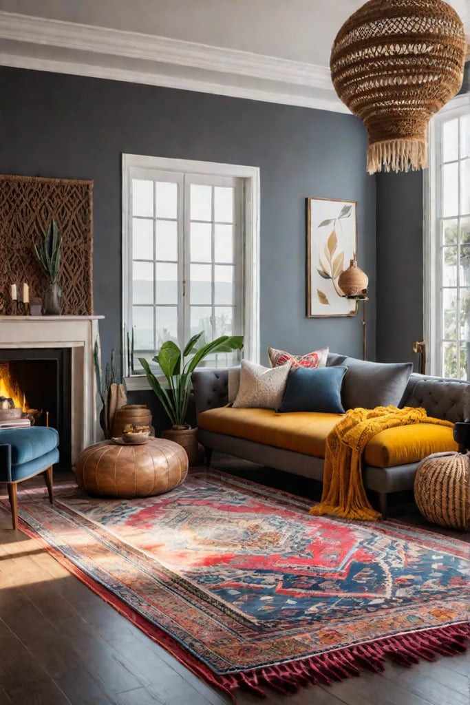 Bohemian living room with colorful rug and macrame