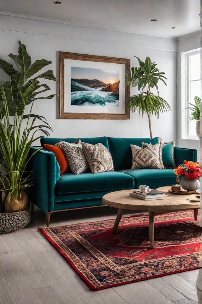Bohemian living room with colorful rug and unique artwork