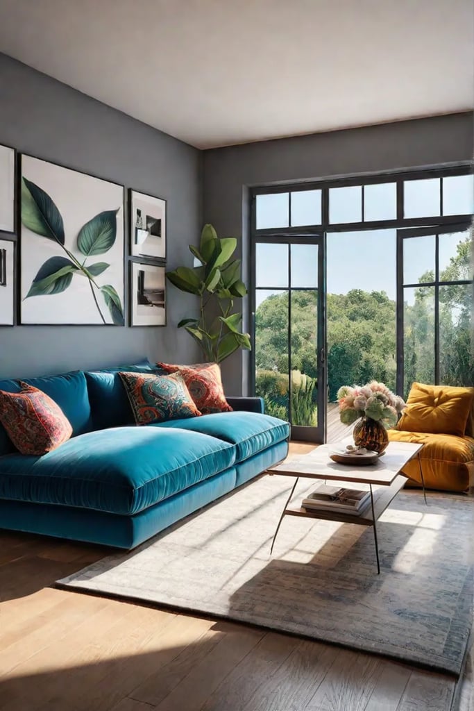 Bohemian living room with colorful textiles and a lowslung sofa