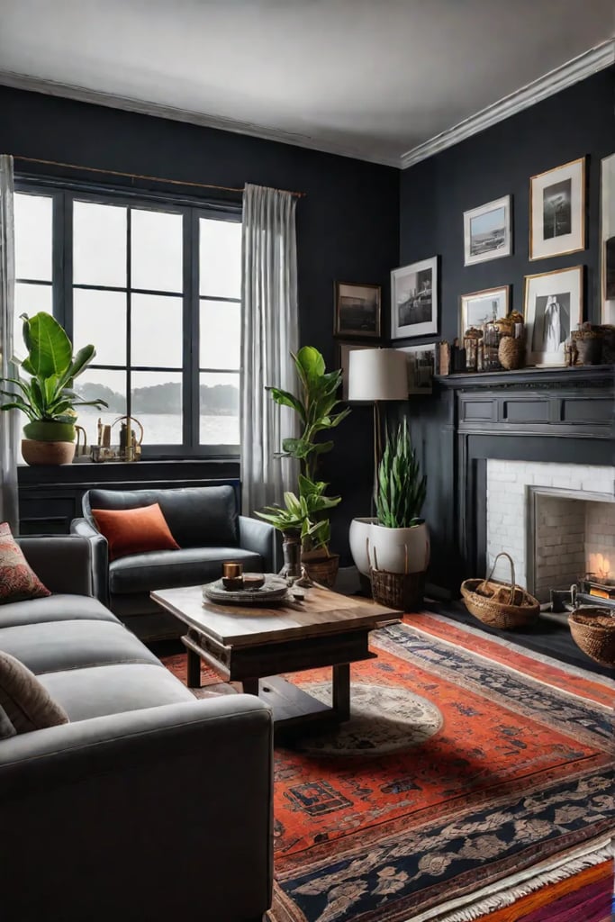 Bohemian living room with colorful textiles and thrifted decor