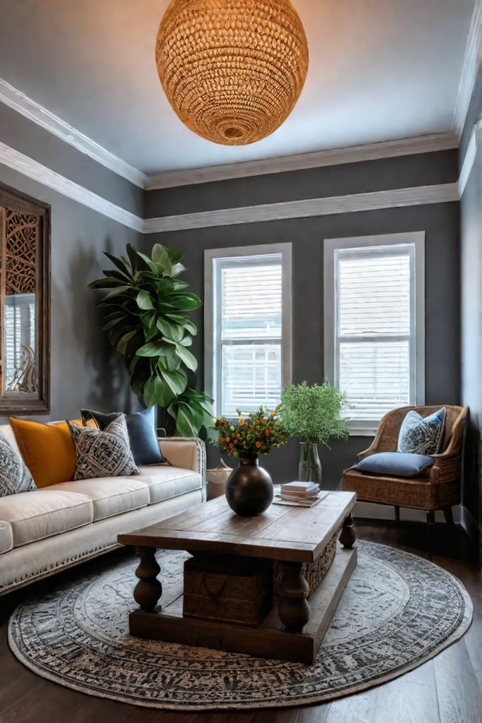 Bohemian living room with eclectic decor