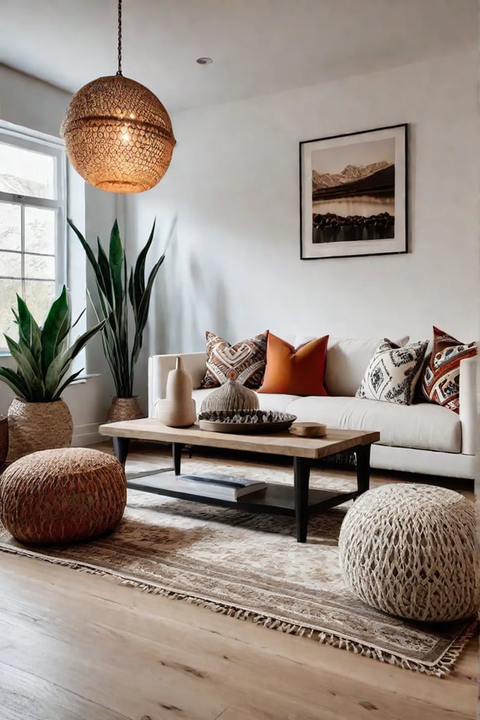 Bohemian living room with fireplace and macrame decor