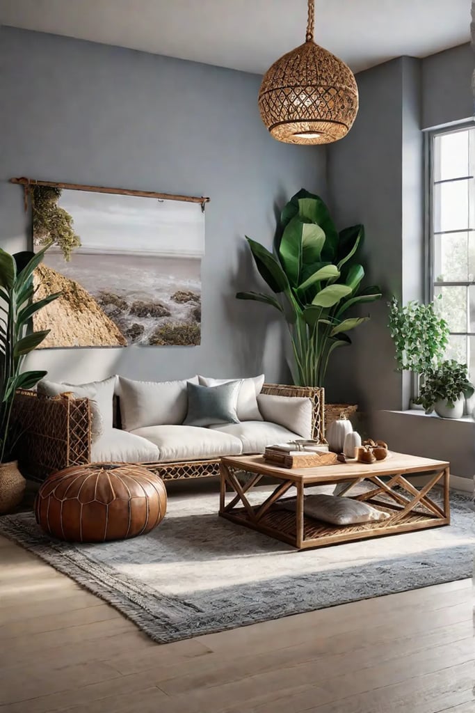 Bohemian living room with natural textures and vibrant colors