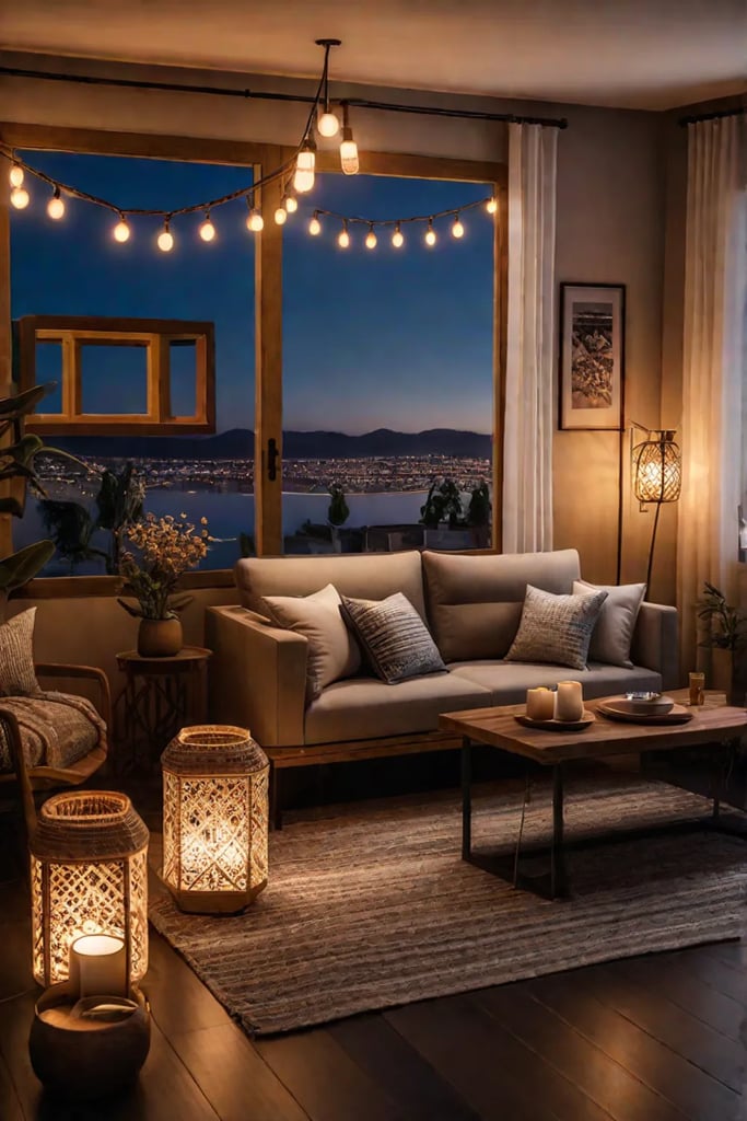 Bohemian living room with string lights and lanterns