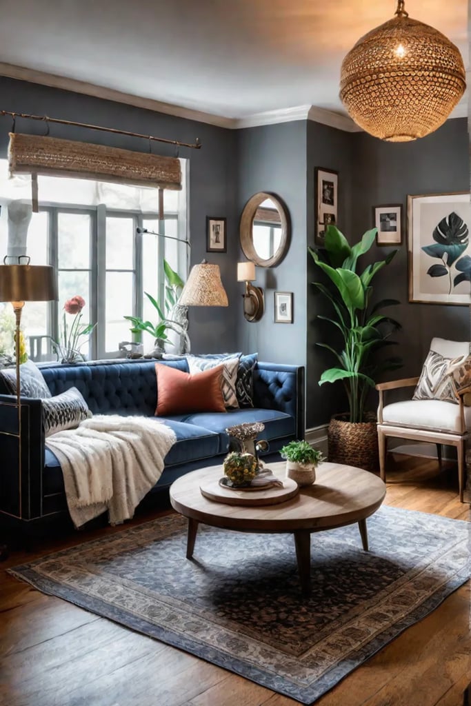 Bohemian living room with textured textiles and handcrafted decor