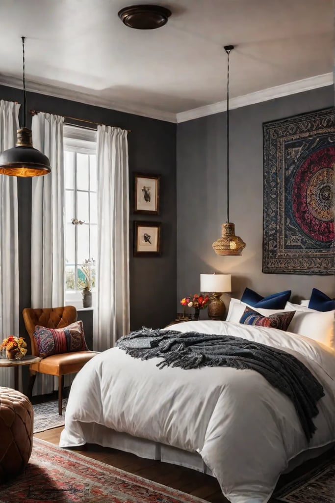 Bohemian style bedroom with vibrant textiles and artwork