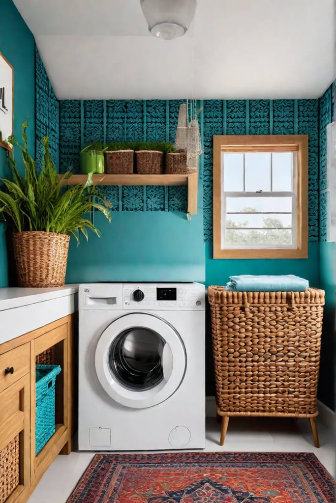 Bohemian laundry room with colorful decor and patterned wallpaper
