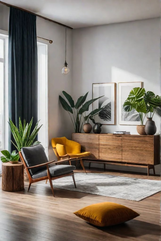 Bohemian style small living room with mirrors and plants