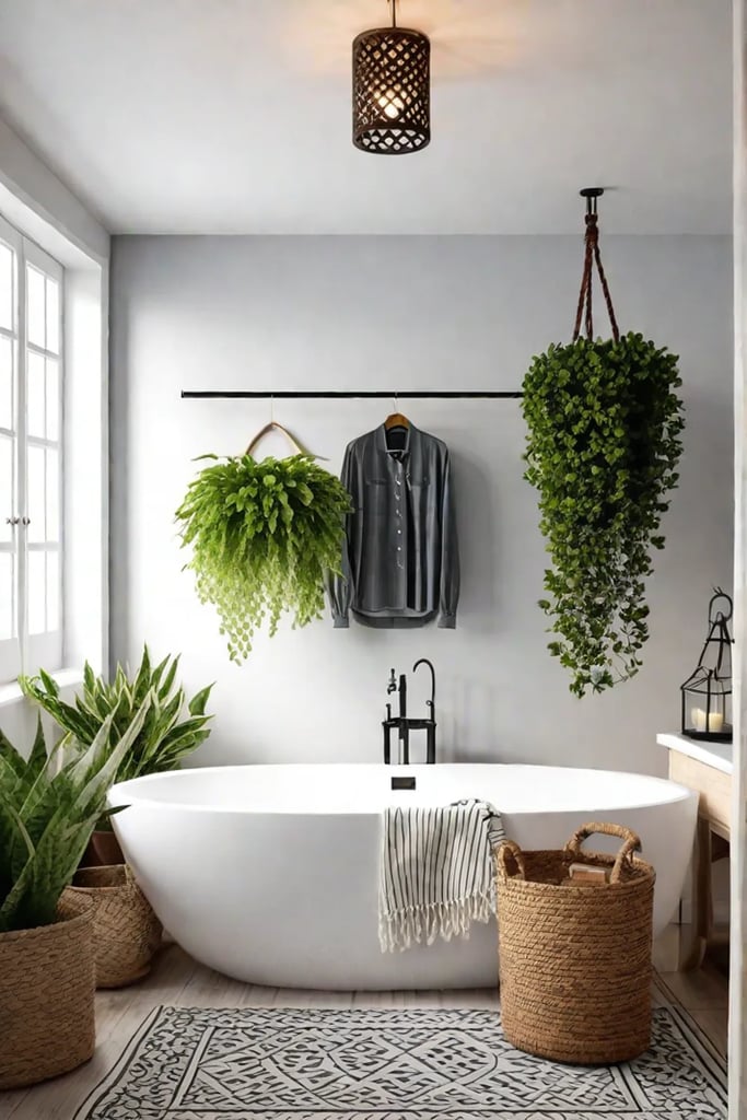 Bohemianstyle bathroom with a mix of patterns and textures