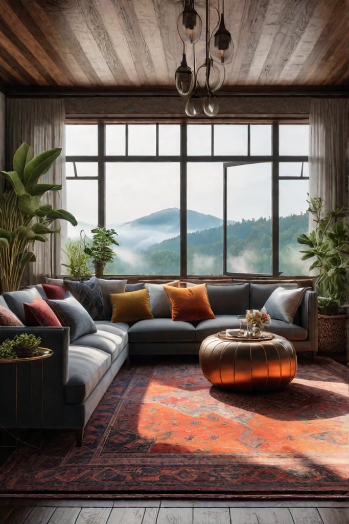 Boho style living room with vibrant colors and eclectic decor